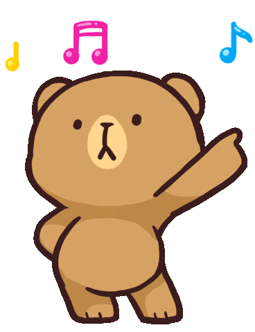 A picture of a dancing brown bear with a lighter brown muzzle. There are three musical notes floating around its head: a yellow quarter note, two conjoined pink eighth notes and a single blue eighth note.